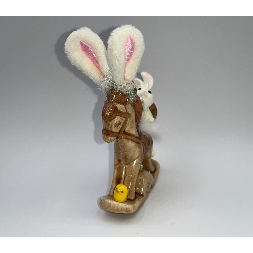 Vintage Ceramic Mini Rocking Horse Easter Bunny Chick Rider Faux Fur saddle OOAK - Picture 2 of 16